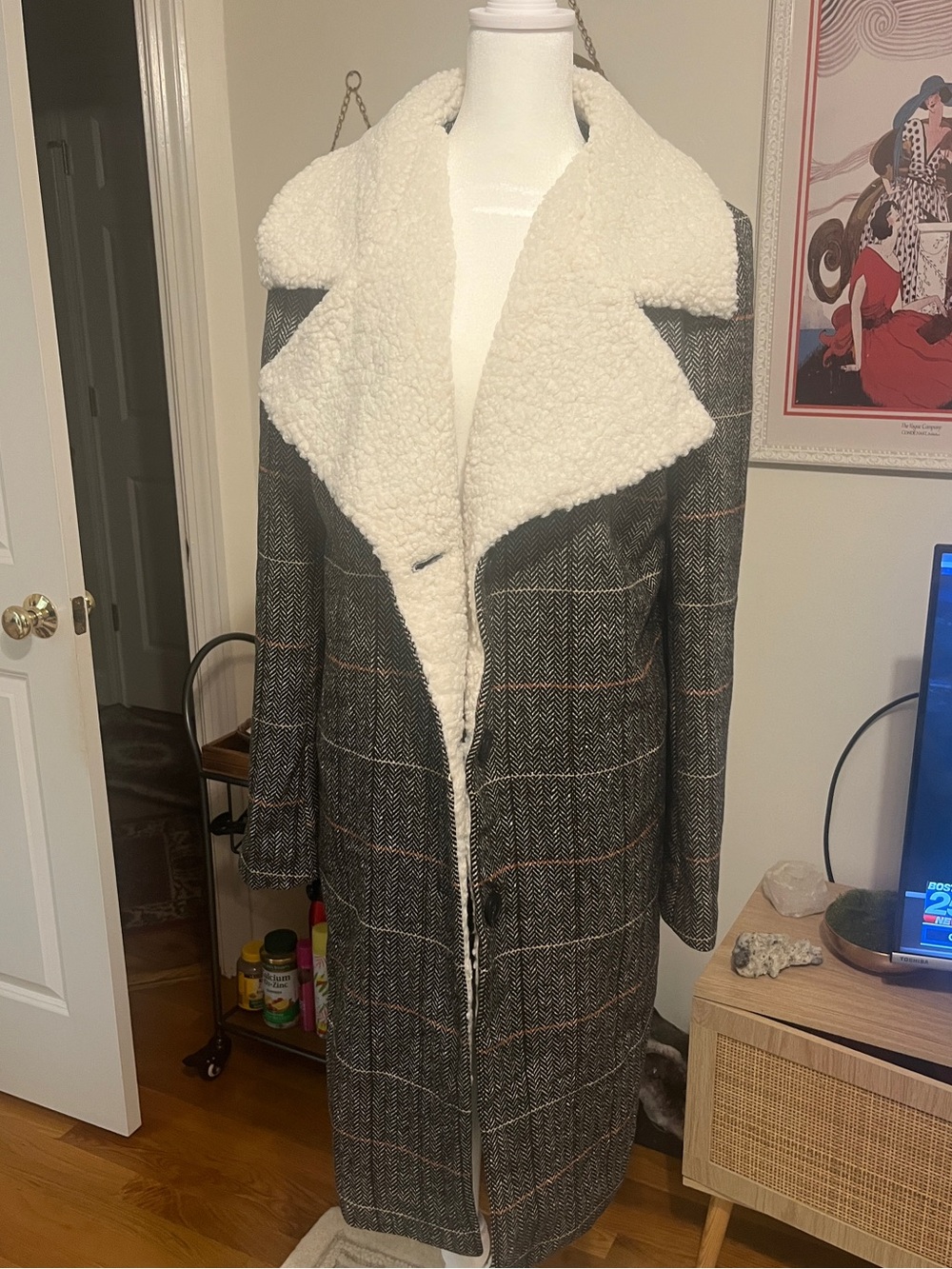 Altar'd State Black & White Herringbone Pea Coat with Orange Stitching